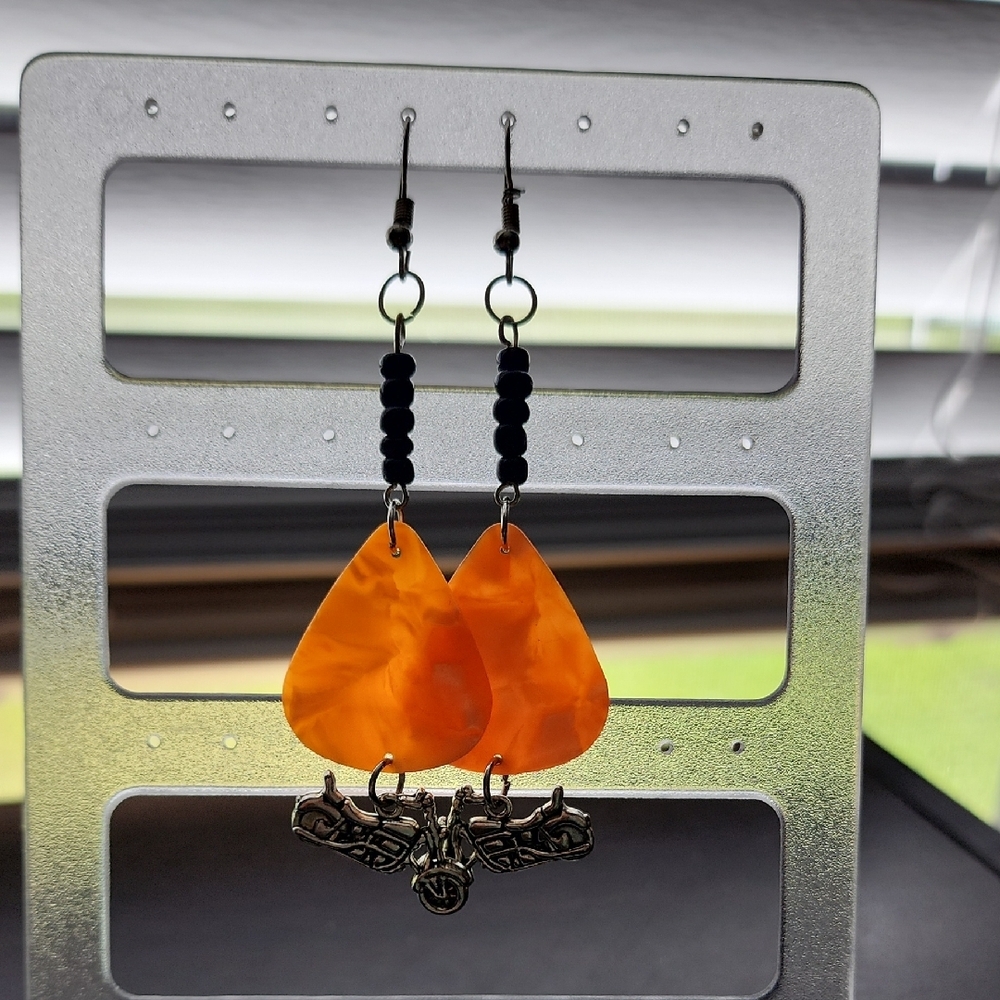 Handmade Orange Dangle Earrings with Black Accents - Picture 1 of 6